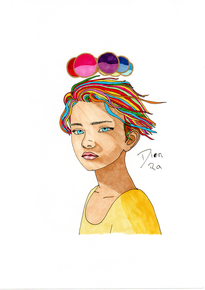 an illustration by dionRa titled "ethereal". here is his description: 

"An alcohol marker illustration of a white non-binary person wearing a yellow shirt in bright sunlight. Their hair is multicoloured with each strand a different random colour. They are in 3/4 profile but turned to face the camera. Above their head is a ring of magical orbs outlined in gold, each a different colour of the rainbow but in two shades, darker on top and lighter on bottom. Their eyes are bright blue."
