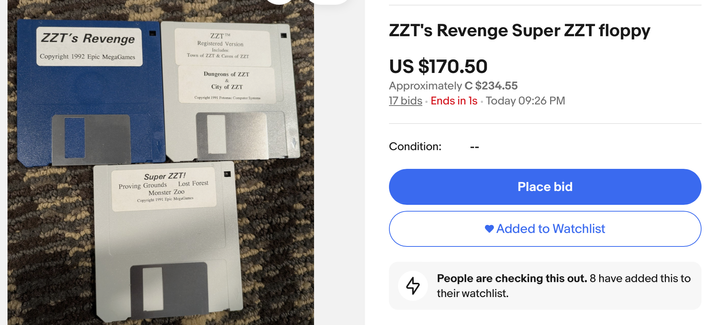 Three ZZT diskettes for sale on ebay. The final sale price was $170.50 USD.

The disks are:
ZZT's Revenge
ZZT Registered Version
Dungeons of ZZT & City of ZZT
Super ZZT!