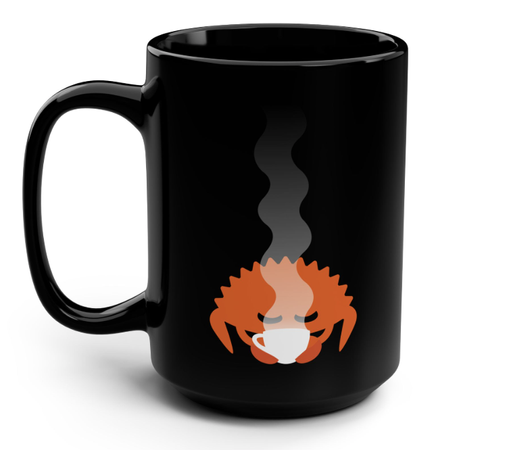 Mug with Ferris the crab holding a steaming cup of tea