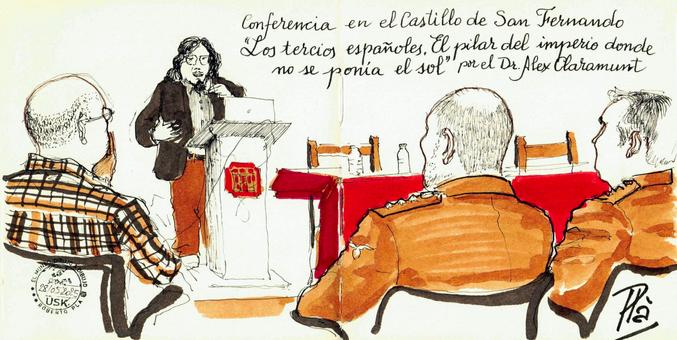 El conferenciante y algunos de los asistentes en un dibujo a pluma coloreado con tinta.