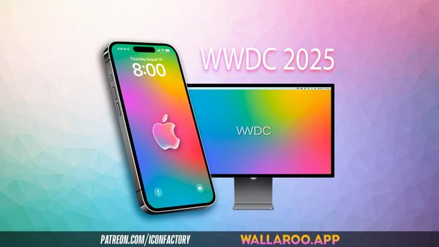 An iPhone and a Mac showing colorful Apple-themed wallpapers with a rainbow gradient. Text reads: "WWDC 2025 patreon.com/iconfactory wallaroo.app"