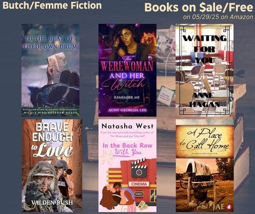 Book covers on a rippled dark blue background with a teapot sitting on top of a faded stack of books for butch/femme sapphic fiction Books on $ale/Free on 05/29/25 on Amazon.
