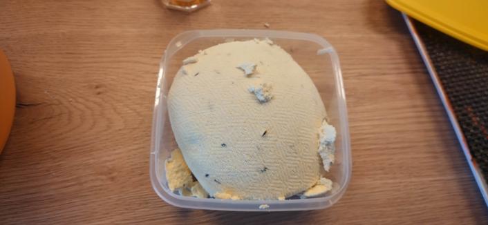 A lump of cheese dumped into a plastic container on a wooden surface. It's a bit of a ball shape with a clearly visible pattern of the weave of the cheese cloth. Some broken off bits around it.
