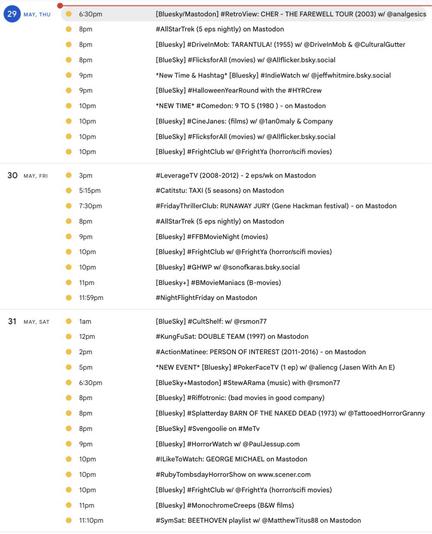 UPDATES, links & event details are at  http://bit.ly/MastodonWatchParties

 All times Eastern

screencap for event listing covering THU-SAT, May 29-31