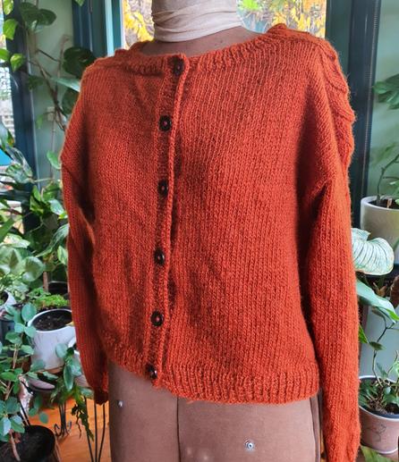 Orangey cardigan on a dummy. Dark buttons on front, sleeves with lacey pattern.
