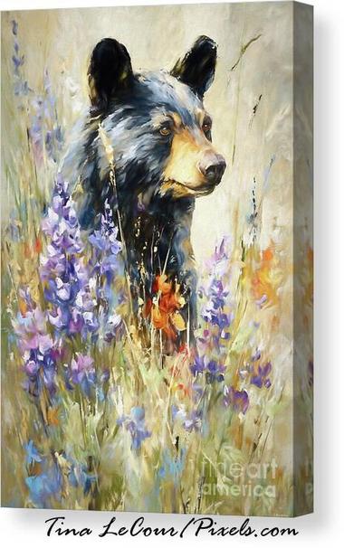 This is a canvas of black bear in a meadow of wildflowers