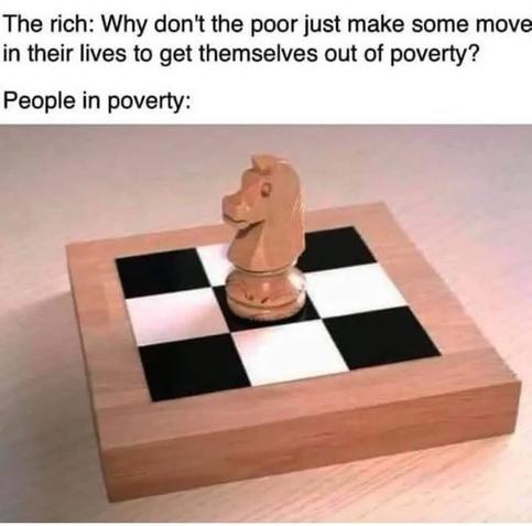 The rich: "Why don't the poor just make some move in their lives to get themselves out of poverty?"

The poor:
[Picture of a knight chess piece in the middle of a 3x3 chess board, making it impossible to move since a knight can only do two steps forward and one to the side but the chessboard is too small for that]