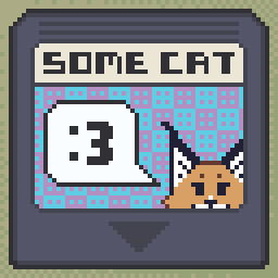 64x64 pixel art, front view of game cartridge with a label containing "some cat" on the top like a title and an image of some cat peeking from the corner with a speech bubble come from the cat reading ":3" on a square tiled background.