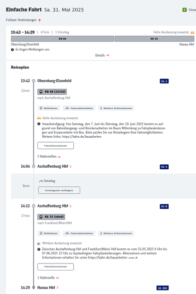 Fahrplan Auskunft
Von: Obernburg-Elsenfeld
Über: Aschaffenburg Hbf
Nach:Hanau Hbf
