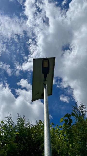 Straßenlaterne mit einem Solardach auf einem silbernen Pfahl, darüber der leicht bewölkte Himmel, am unteren Bildrand die Äste einer grünen Hecke.