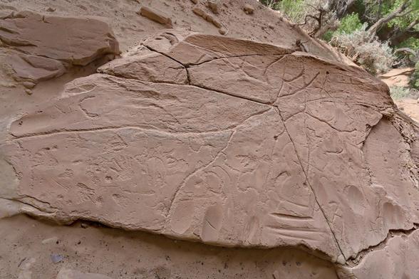 A color landscape photo of prehistoric Native-American rock imagery panel. The images are on a light brown colored sandstone rock that's rather flat, lying on the ground facing up. There's a couple of natural cracks but added to it are several craved lines. Hand print cravings and bear feet cravings are also seen. There are other geometric shapes craved into the rock as well as several wide ares where a grinding stone was used, presumably, to grind corn. There are also a couple of deep "V"s ground into the rock where another stone may have been sharpen or where material was remove to be used elsewhere or in a ceremony.