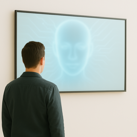 Die bildliche Darstellung einer Künstlichen Intelligenz ist auf einem großen Bildschirm zu sehen, der an einer Wand hängt. Ein Mann in einem dunklen Jacket steht schräg vor dem Bildschirm und schau darauf.
