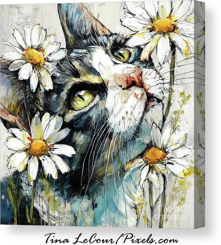 This is a canvas of a whimsical portrait of a tuxedo cat named Figaro posing in some white daisy flowers.