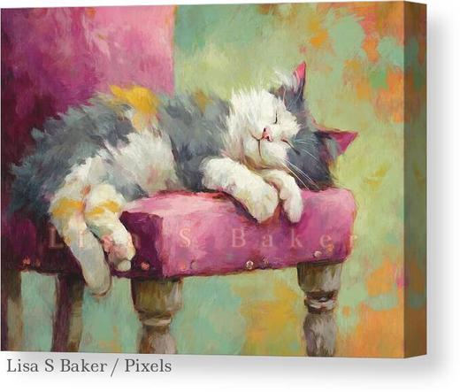 An art print of a fluffy cat curled up on a pink velvet chair, peacefully napping with its paws tucked under and whiskers soft. The scene is calm and cozy, with soft blush tones creating a serene, tranquil atmosphere. Art by Lisa S Baker.