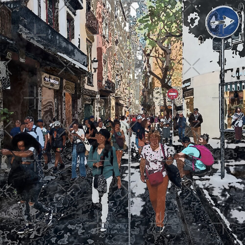 Barcelona digital edited street photography, made with the GNU Image Manipulation Program + Corvo's Painting 5 + Grid BW Color (G'MIC-Qt).