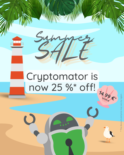 Summer-themed illustration for Cryptomator’s Summer Sale. A cheerful robot with a green shield stands on a beach near a red-and-white lighthouse, raising its arms joyfully. A pink seashell shows the discounted price of €14.99 (originally €19.99). Tropical palm leaves frame the top of the image. Text reads: 'Cryptomator is now 25% off!' with a note that the discount and price may vary by region.
