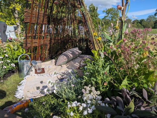 A show garden with lots of cottage garden planting, featuring a willow arbour with a blanket and cushions