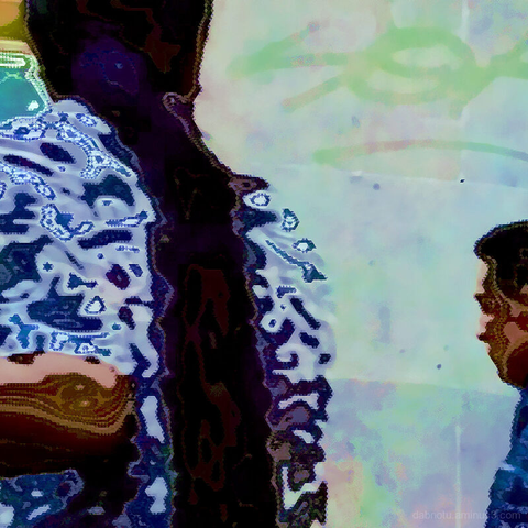 Barcelona digital edited street photography, made with the GNU Image Manipulation Program + Corvo's Painting 5 + Grid BW Color (G'MIC-Qt).