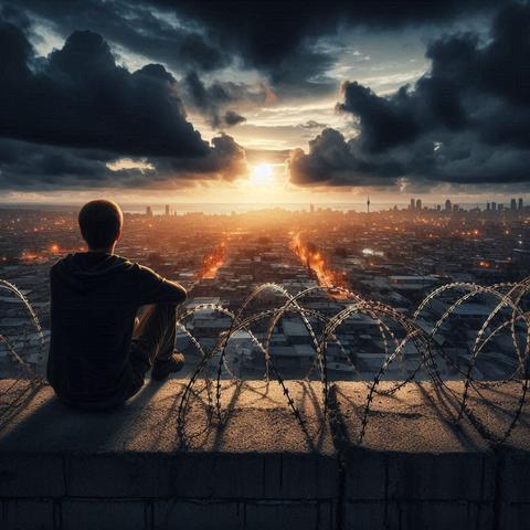 Eine Person sitzt auf einer mit Stacheldraht bewehrten Mauer und schaut auf eine Stadt, die in der Dämmerung liegt. Dunkel Wolken am HImmel, am Horizont geht die Sonne auf.
Grafik: Thomas Trueten