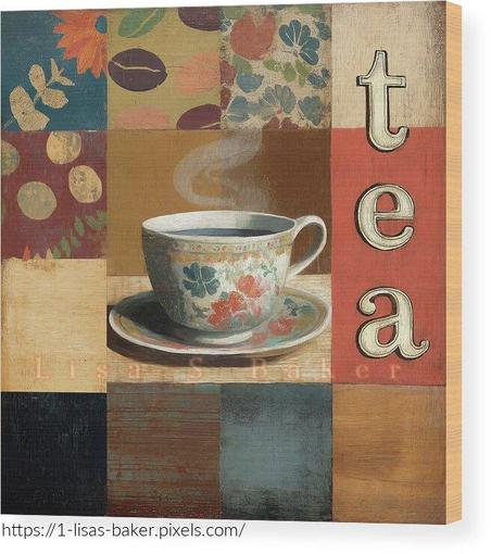An art print of a steaming floral teacup on a saucer, set against a colorful patchwork of squares. The vertically arranged word “TEA” adds a playful touch, blending vintage charm with a cozy, inviting vibe. Art by Lisa S Baker