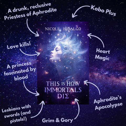 A graphic with the cover for This Is How Immortals Die by Nicole Hidalgo at the centre and some key aspects related to the book:
- A drunk, reclusive Priestess of Aphrodite
- Love kills!
- A princess fascinated by blood
- Lesbians with swords (and pistols!)
- Grim & Gory
- Heart Magic
- Aphrodite's Apocalypse
- Kobo Plus