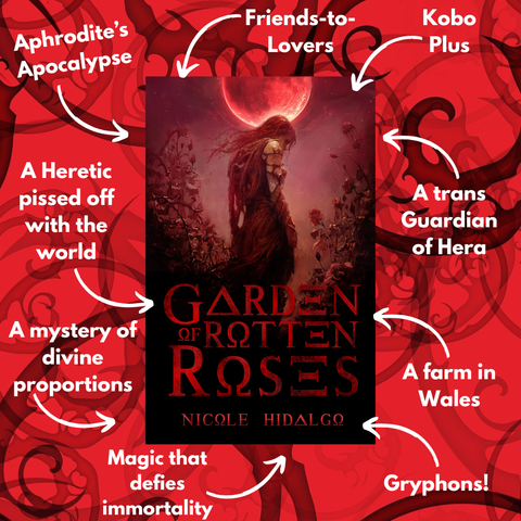 A graphic with the cover for Garden of Rotten Roses by Nicole Hidalgo at the centre and some key aspects related to the book:

- Aphrodite's Apocalypse
- Friends-to-Lovers
- A Heretic pissed off with the world
- A trans Guardian of Hera
- A mystery of divine proportions
- A farm in Wales
- Magic that defies immortality
- Gryphons!
- Available on Kobo Plus