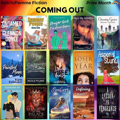15 book covers on a rainbow background for Pride Month on 06/01/25. Theme: Coming Out.