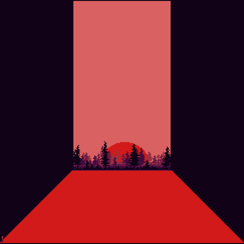 A red sun dawns behind the silhouette of a forest.