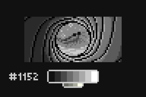 Pixel art of a small krill in the middle of a James Bond-style gun barrel iris frame.