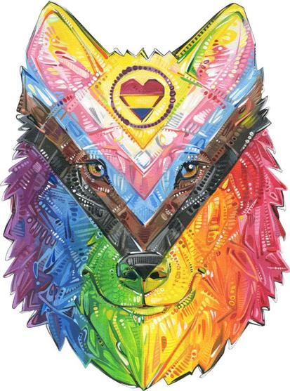 painting of a wolf face embodying the progress pride flag
