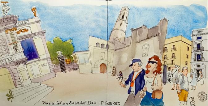 La iglesia de Sant pere, la Plaza y parte de la fachada del museo en una prespectiva extraña como de ojo de pez. Dibujo con pluma estilográfica, coloreado con acuarela