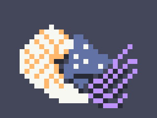 A swimming Nautilus with almost alien like colouring. Drawn in pixel art.
