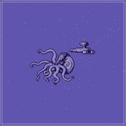 a giant cephalopod floating in space looking towards top right where a spaceship is holding position