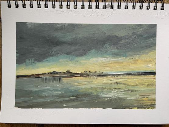 A semi abstract landscape painting in a spiral bound notebook with a turbulent moody sky with dark clouds and hints of yellow and blue and light orange near the horizon.