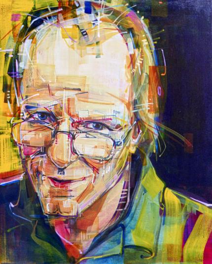 painted portrait of a bald man looking over his glasses