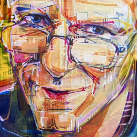 détail d'un portrait d'un homme peint à l'acrylique