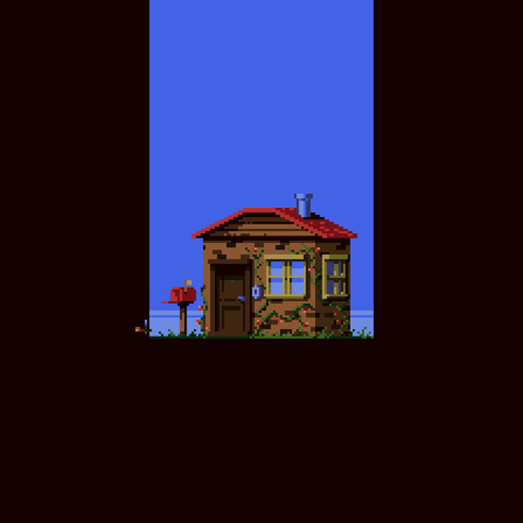 A simple brick house with a red roof, metallic chimney a red mailbox and flowered vines growing on it's walls.