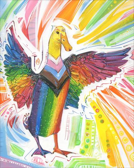painting of a duck as a progress pride flag