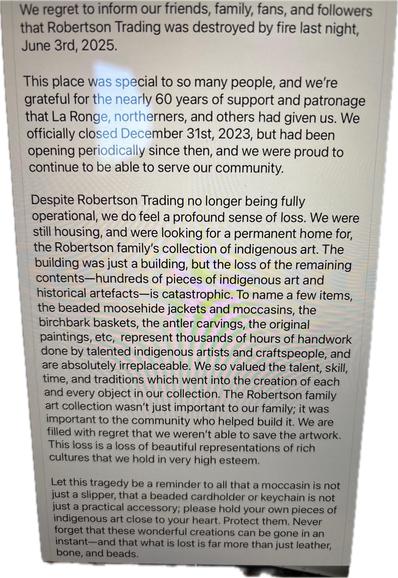 Photo of a iPad screen with a statement about the loss by wildfire of the Robertson Trading Post in LaRonge and specifically talking about the loss of indigenous art and the importance of indigenous art.