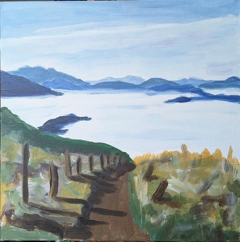 A rough Sketch in acrylic paint. A trail along a ridge leads to a sea of Clouds. Larger Mountains in the distance
