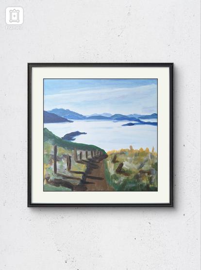 A rough Sketch in acrylic paint. A trail along a ridge leads to a sea of Clouds. Larger Mountains in the distance. The painting is Digitally framed