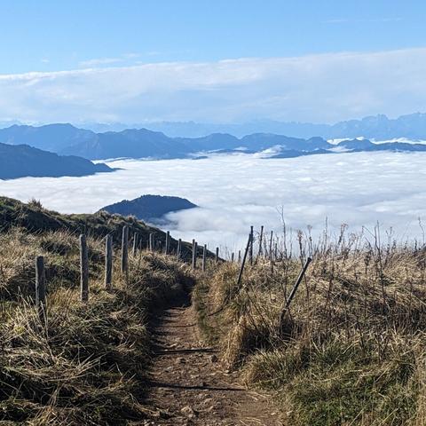 My Photo reference. A trail along a ridge leads to a sea of Clouds. Larger Mountains in the distance