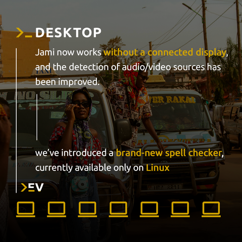 Update for the Desktop version of Jami, illustrated by a street scene with colorful minibuses. The text informs that Jami now works without a connected screen, with better audio/video detection, and the addition of a spell checker on Linux.
