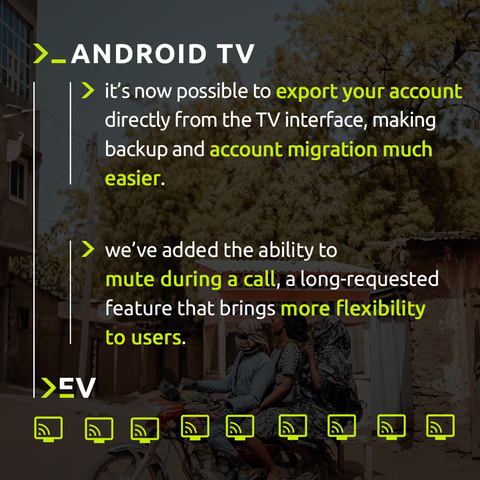 Android TV update from Jami presented on a sunny street image with women in traditional dress on a motorcycle. The text indicates that it is now possible to export one's account from the TV interface and to mute the sound during a call.