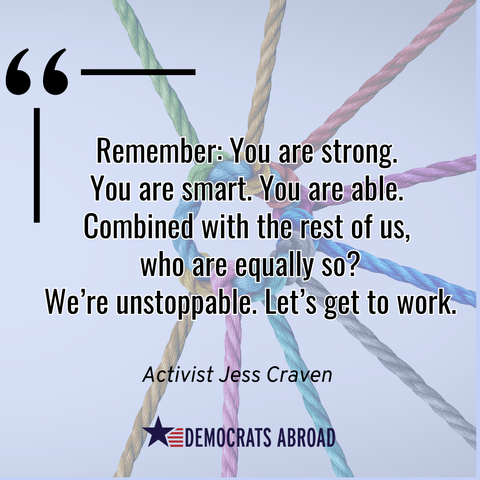 A background with rainbow colored strings of yarn and a quote in the forefront from Activist Jess Craven saying "Remember: You are strong. You are smart. You are able. Combined with the rest of us, who are equally so? We're unstoppable. Let's get to work"