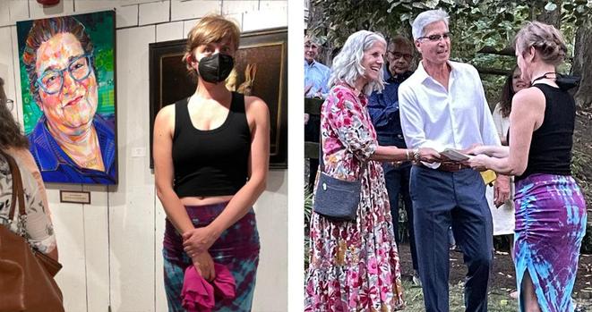 photos of Gwenn at a juried art show with their work and receiving a prize