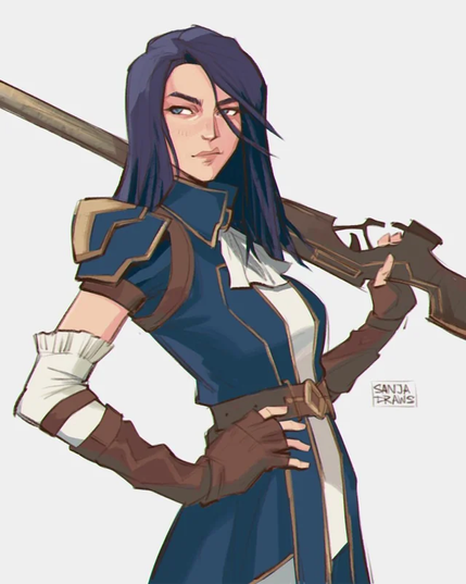The image features a character with long, dark blue hair, wearing a blue and white outfit with gold accents. The outfit includes a high-collared top with short sleeves and shoulder armor, complemented by a brown belt and gloves. The character is holding a large rifle over their shoulder, with one hand on their hip. The background is plain and light-colored, emphasizing the character. The artist's signature, "SANJA DRAWS," is visible in the bottom right corner.
