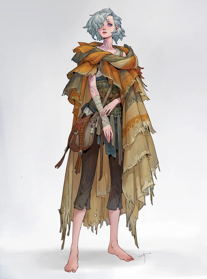 The image depicts a character standing against a plain white background. The character has short, wavy, silver hair and a pale complexion. They are wearing a tattered, layered cloak in shades of orange, brown, and beige, with frayed edges and a loose fit. Underneath the cloak, they have on a greenish-brown tunic and dark brown pants that end above the knees. The character is barefoot and has bandages wrapped around their arms, suggesting a rugged or survivalist lifestyle. They carry a brown leather bag with straps over their shoulder, adding to the utilitarian appearance. The character's posture is relaxed, with hands clasped in front, and they have a neutral expression. The overall style of the image is a detailed digital illustration with a focus on texture and color.