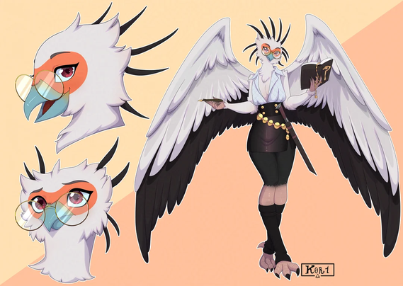 The image features a character with a bird-like appearance, specifically resembling an eagle or a similar large bird of prey. The character has large, white and black wings, a white head with black spiky feathers, and a beak with a blue lower part and an orange upper part. The character is wearing round glasses with a gold frame, a white shirt, a black skirt with gold buttons, and black knee-high socks. The character is holding a book in one hand and a quill in the other, suggesting a scholarly or intellectual role. The background is a gradient of light peach and orange, providing a warm contrast to the character's colors. The character's eyes are red with a black pupil, and they have a confident expression. The image includes two close-up views of the character's head, showing different angles and expressions. The artist's signature, "Kor1," is visible in the bottom right corner.