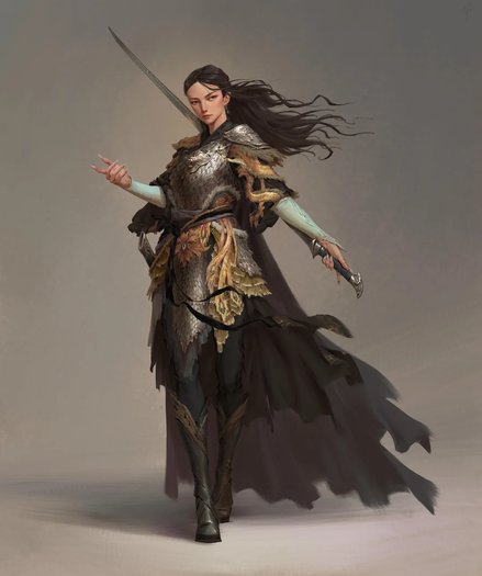 The image depicts a female warrior in a dynamic pose, exuding strength and readiness for battle. She is clad in a detailed and ornate armor ensemble, primarily silver with gold accents, featuring scale-like patterns and fur trimmings. The armor includes a chest plate, shoulder guards, and a skirt-like lower section, complemented by a long, flowing black cape that billows behind her. Her left arm is extended forward, holding a long sword with a straight blade, while her right hand grips a smaller dagger. The warrior's long, dark hair flows behind her, suggesting movement. Her skin tone is pale, and she wears a light blue sleeve on her right arm, contrasting with the darker tones of her armor. The background is a plain, neutral gray, emphasizing the figure.